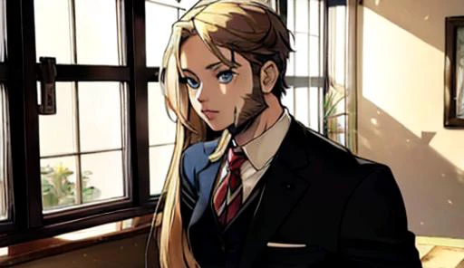 Forest
AND cute woman, long blond hair, school uniform, blue eyes
AND a man, short brown hair, short beard