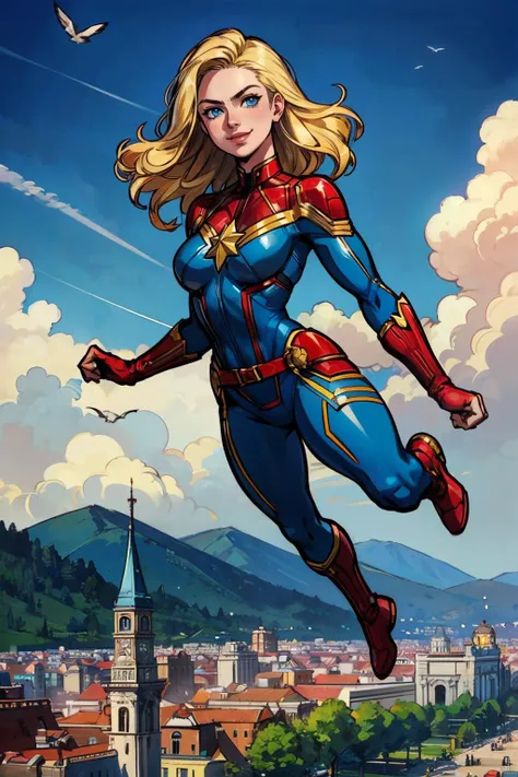 cptMarvel,blonde hair, blue eyes, bodysuit, red gloves, belt, looking at viewer, serious, smiling, full body shot, flying, in air, blue sky, clouds, cityscape, high quality, masterpiece, <lora:cptmarvel-nvwls-v1:.8>