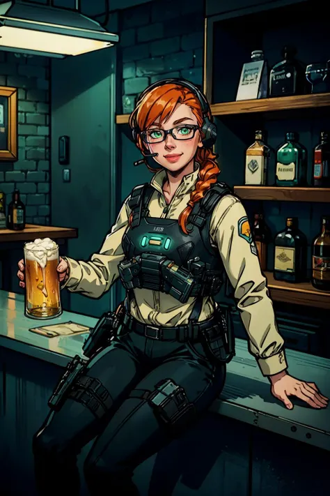 lis, orange hair, one braid, headset, glasses, green eyes, military clothes, bulletproof vest, jacket, holsters, black pants, looking at viewer, smiling, happy, sitting, on counter, inside bar, shelves, bottles, holding a mug of beer, neon lighting, high q...