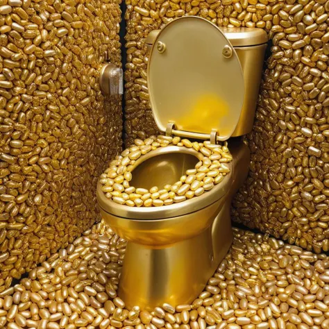 there is a gold toilet with a gold lid and a pile of peanuts