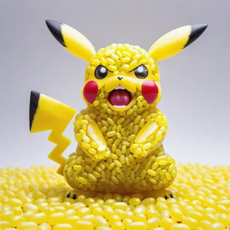 amazing roided out furious pikachu made from  yellow jellybeans <lora:Jelly_Beans:0.8>, standing, angry