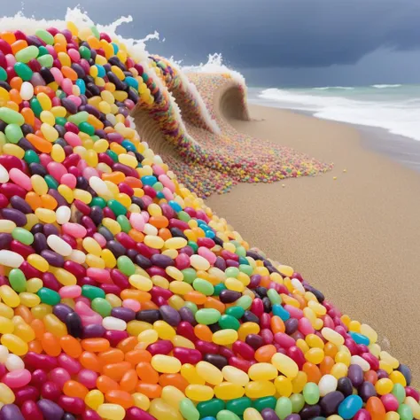 a tsunami made from jellybeans <lora:Jelly_Beans:0.8>, beach, storm, profile