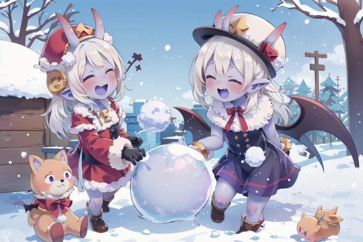 anime characters in winter clothes playing with a snow ball