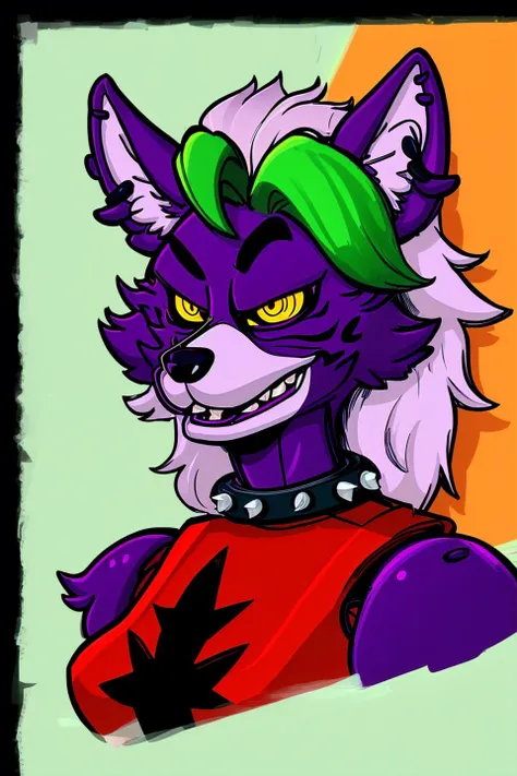 <lora:roxanne-novelai:1> roxanne robot anthro furry, purple fur, spiked collar, green hair, yellow eyes. Wolf, portrait, headshot
 (dimwitdog style:1.1)
 <lora:Reiq [MockAi - v1.0]:1> reiq