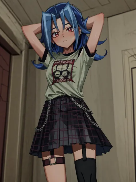 a close up of a person with blue hair and a skirt