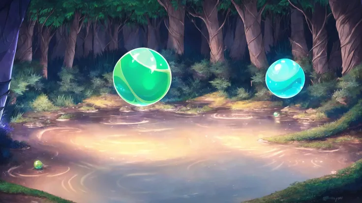 beautiful colorful vivid setting of a solid emerald orb glowing green in the center of a valley of trees and small ponds the verdant swamp of life