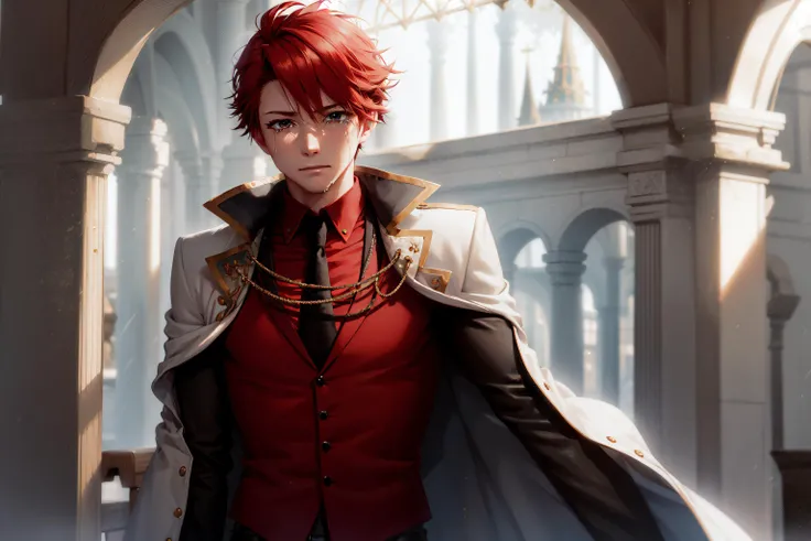 (masterpiece, best quality:1.2), cowboy shot, solo, male focus, 1boy, ushiromiya battler, closed mouth, red hair, formal, cape, white suit, black cape,, crying, rain, night, tearing up, crying with eyes open, sad, catedral behind
