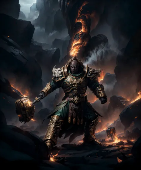 (waist-up, medium shot:1.1), epic photographic action shot of vulkan, wearing dark green (full armor:1.3), bronze armor details, skull pauldron, (broad shoulders:1.3), narrow waist, tall, holding weapon, (holding hammer:1.3), dynamic pose, (fighting stance...