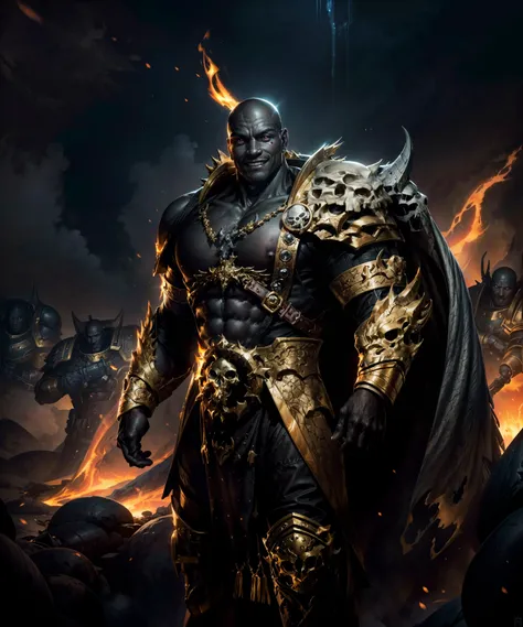 epic photographic portrait of vulkan, wearing (full armor:1.3), gold armor details, skull pauldron, shoulder armor, (broad shoulders:1.3), narrow waist, tall, (arms at sides:1.1), salamander-skull ornaments, standing proud,
(african:1.2) giant dark-skinned...