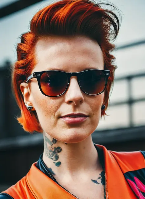 a close up of a woman with red hair wearing sunglasses