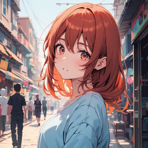 anime girl with red hair and blue shirt standing in a crowded street