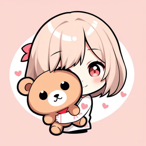 (chibi:1.1) girl, shy smile, hugging teddy,