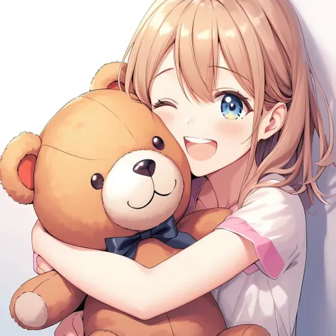 anime girl hugging a teddy bear with a bow tie