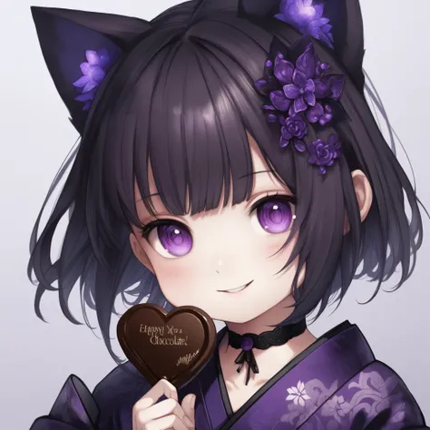 little girl, petite, short black hair, purple eyes, cat ears, choker, black intricate kimono, portrait, holding a chocolate (heart:0.7), detailed eyes, happy,