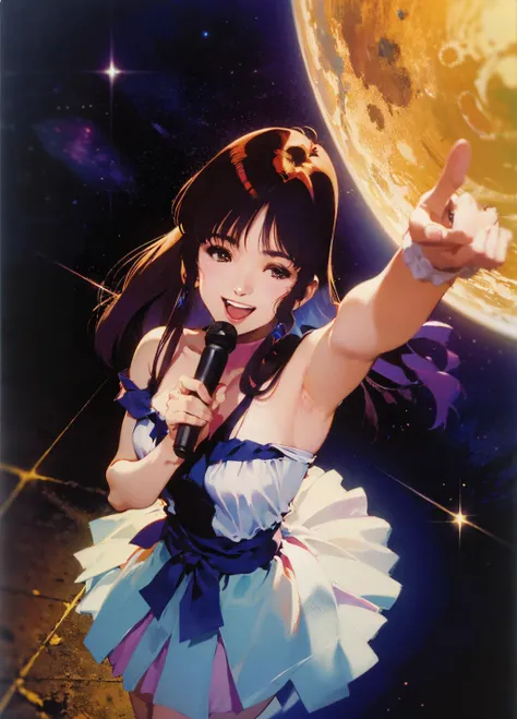 photorealistic:0.6,portrait of a beautiful woman,ambient light, shadows,
1girl,lynn minmay,18 years old,skinny,(laughing with half closed eyes:0.9),gentle,cheerful,beautiful brown eyes,cowboy shot:1.3, pointing at star,singing,on stage,from side,from above...