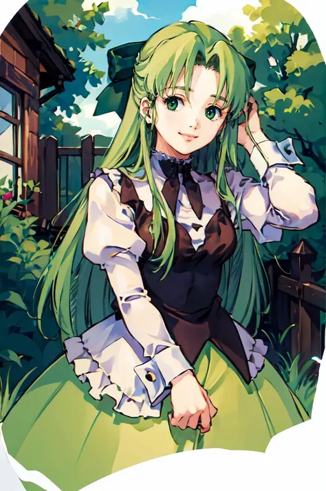 smile, <lora:Mikimoto_haruhiko_style_v02:1>  <lora:RtPL-Fia:1> Fia_(riviera), green eyes, green dress, very long hair, long hair, bow, dress, frills, frilled dress, long sleeves, puffy sleeves,, ultra detailed, masterpiece, best quality,