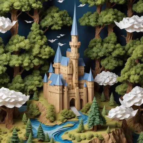 castle made of paper, highly detailed, paper clouds, paper trees, paper landscape, Modular Origami, Ultra-HD, Super-Resolution, origami, paper art, high quality image, masterpiece, hdr, 4k,