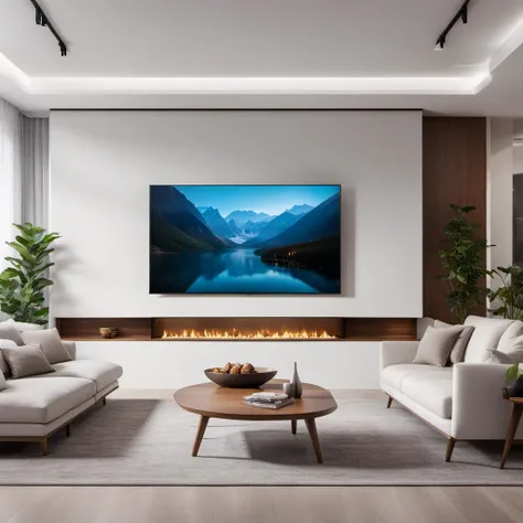 (hyperrealism:1.2), masterpiece wide-shot photo of a cozy family room, a sleek, ultra-modern TV adorns a white wall, facing a comfortable couch nestled amidst tastefully selected mid-century modern decor BREAK (8K UHD:1.2), (photorealistic:1.2)