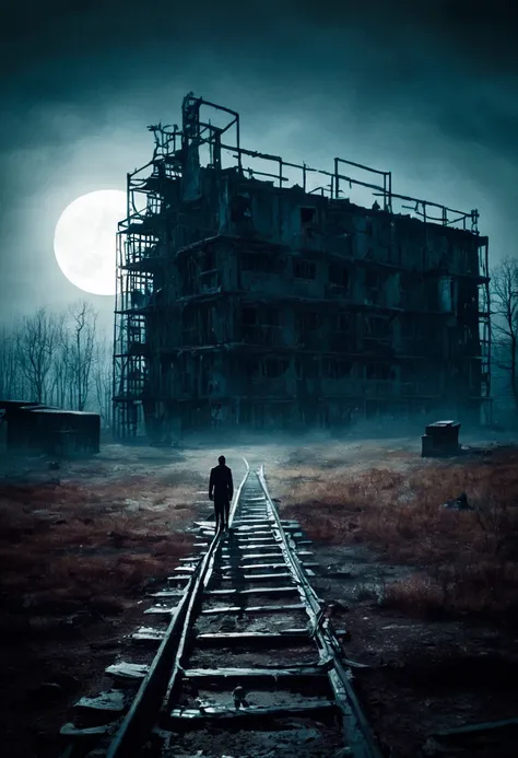 concept art A scene steeped in the uncanny ambiance of Tarkovskys Stalker. A lone wanderer cautiously stepping through the skeletal remnants of an old, dilapidated factory, their path illuminated only by the pallid light of a dying moon. The echoing sound ...