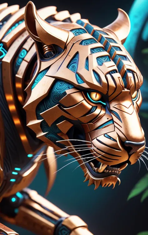 a photograph of a full body mechanical tiger in copper and blue glowing eyes, perched on a tree in the jungle at night, art by Ridley Scott,   , ultra highly detailed, cinematic, 32k, intricated, high quality,  complex patterns, rust,