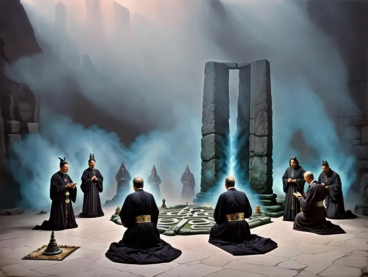 Priests reinacting a ritual, praying, smoke, stonehenge, tentacles on the floor, dramatic lighting, high contrast, Autochrome, highly detailed background, flying inverted pyramids with intricate details etched and glowing top in the distance<lora:k3nk3lly:...