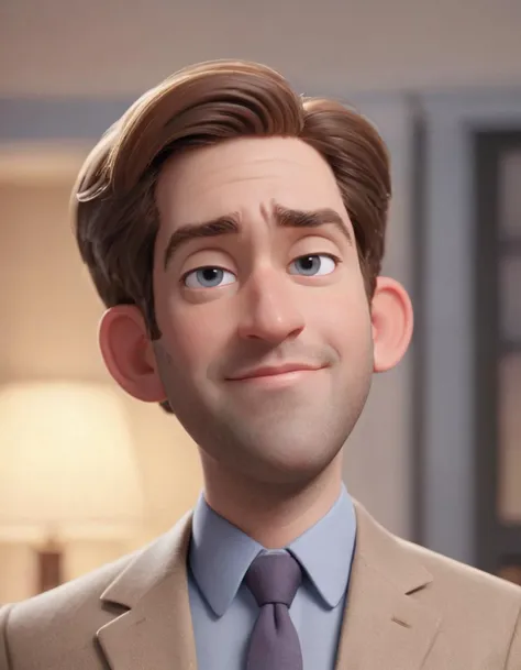 3D character.(John Krasinski as Jim Halpert:1.6), (caricature:0.2).  bokeh, professional, 4k, highly detailed <lora:SamaritanEsdxl:0.45> (Pixar Render, CGI Animation, Disney:1.2) cute big circular reflective eyes, office, dof, (cinematic film), (effortless...