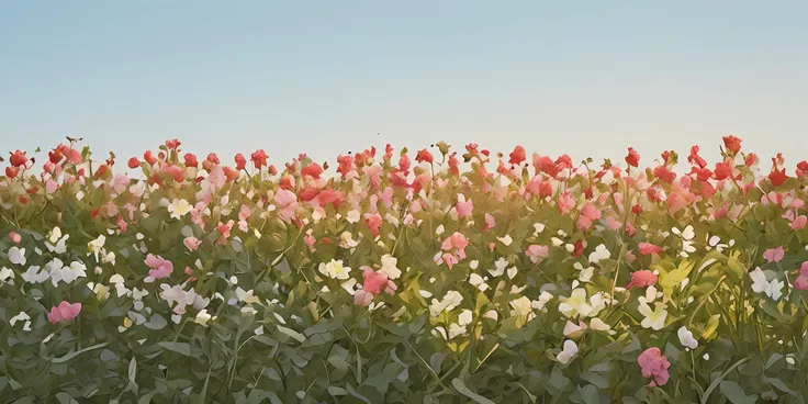 there are many different flowers in a field with a blue sky