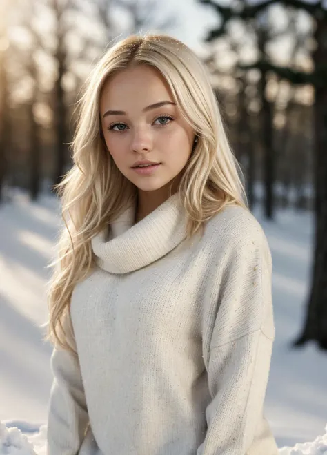 a woman in a white sweater is posing in the snow