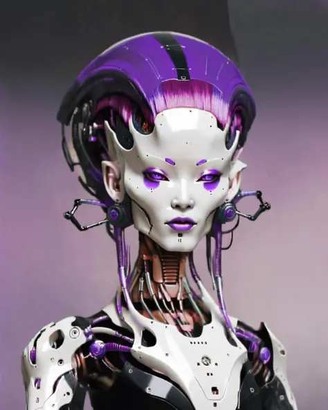 alien god ,a woman with a purple hair and a black jacket robotic, <lora:alien_god_V2:1.0>