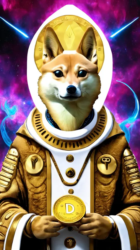 a close up of a dog wearing a space suit with a coin