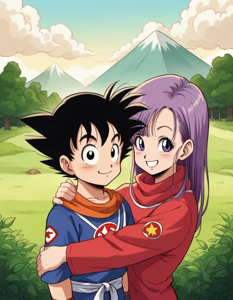 dragon ball goku and gohan hugging in front of a mountain