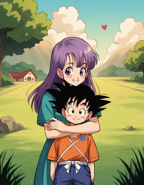 a woman hugging a boy in a field with a house in the background