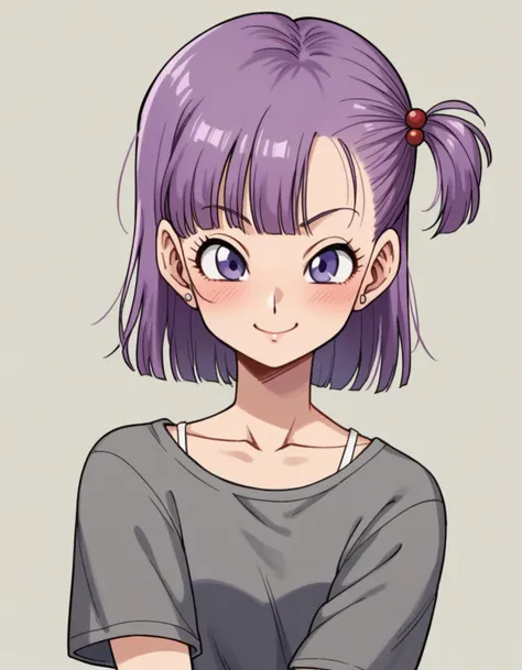 a cartoon girl with purple hair and a ponytail in a gray shirt