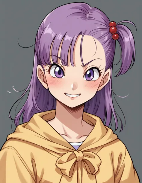 a close up of a person with purple hair and a yellow hoodie