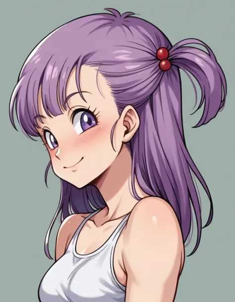 a cartoon girl with purple hair and a white tank top