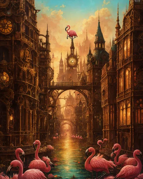 best quality,masterpiece,highly detailed,ultra-detailed   victorian london cityscape, 
1 bird Flamingo It has long legs and a pink plumage with a curved beak.
 <lora:neg4all_bdsqlsz_V3.5:-1>,  
 <lora:steampunkV02_last:2>
by steampunk art ,fantasy art