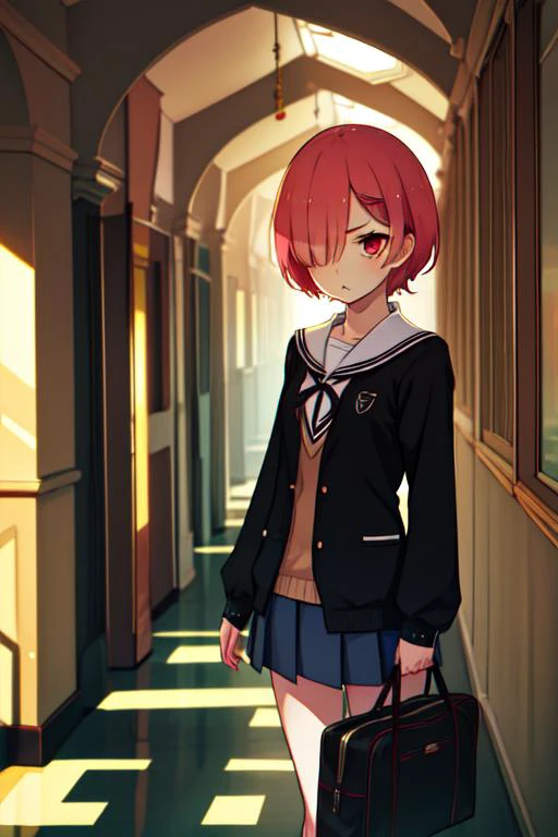 anime, hdr, soft light, ((best quality)), ((masterpiece)), (detailed), <lora:Ram_Rem_v1:0.9>, ramchi, hair over one eye, glaring, disgust, <lora:school_hallway_v0.1:0.3>
school hallway, school uniform:1.7,