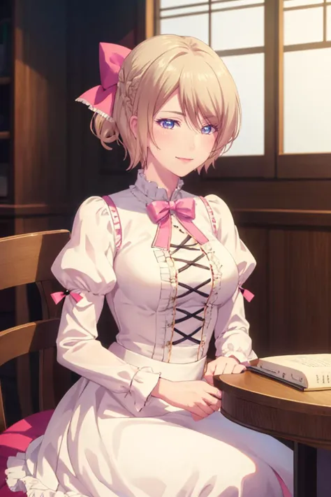 ultra detailed, sharp focus, best quality, masterpiece, <lora:mgk_akane:1> mgk_akane, blonde hair,short hair, pink dress, hair ribbon, puffy sleeves, smile, best quality, dynamic lighting, masterpiece, intricate details