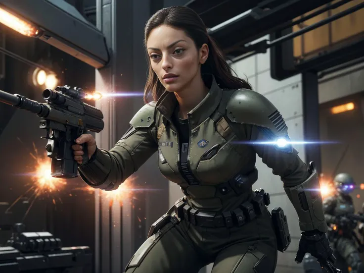 <lora:ERC:1> a sci-fi battlefield action scene of EricaCerraTI Erica Cerra as a futuristic soldier wearing mechanized power armor, (firing a heavy plasma rifle), plasma beam,  angry, explosions in background, 
(masterpiece, best quality:1.2), 4k, 8k, ultra...