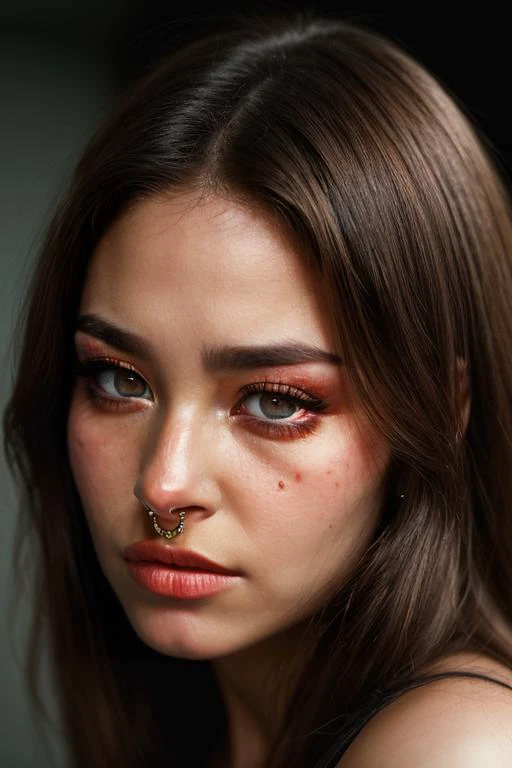 a close up of a woman with a piercing on her nose