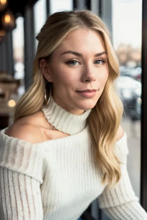 jenniferH1 piercing eyes, looking straight, very happy,long hair, wearing an off-shoulder sweater, choker, closeup portrait, in a outdoor cafe in 2015, afternoon light