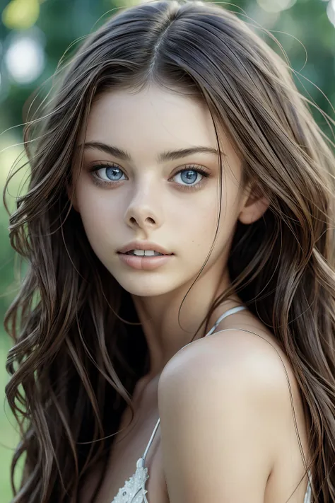 a close up of a woman with long hair and blue eyes