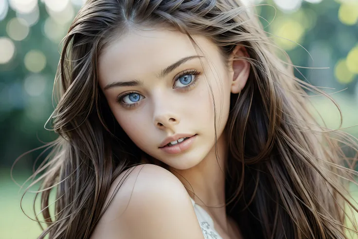 a close up of a woman with long hair and blue eyes