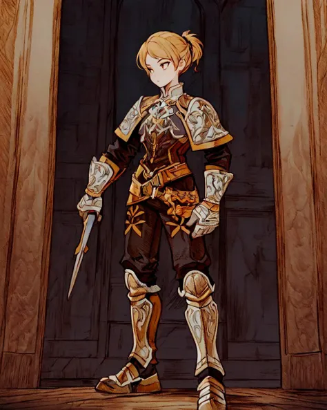 a cartoon image of a woman in armor standing in front of a door