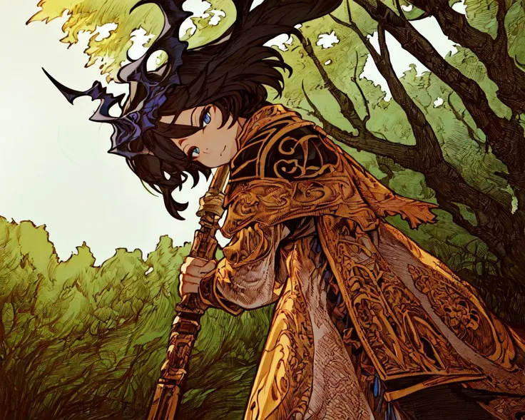 anime - style illustration of a man in a golden outfit with a sword