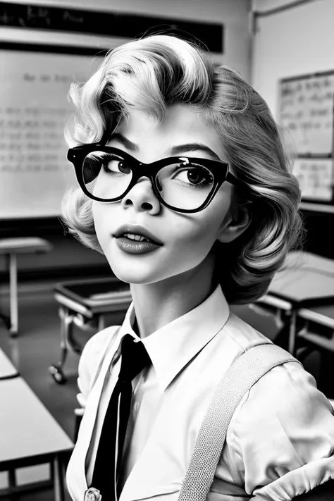 a radiant photograph by ben hassett portraying a woman looking like olgal3 with glasses and a playful pose admist a classroom.