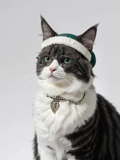 AP,animal,no humans,cat,animal focus,clothed animal,white background,solo,realistic,simple background,ragdoll,blurry,hat,glasses,wearing a necklace,prejudiced to four eyes,leaf occlusion,lamp,