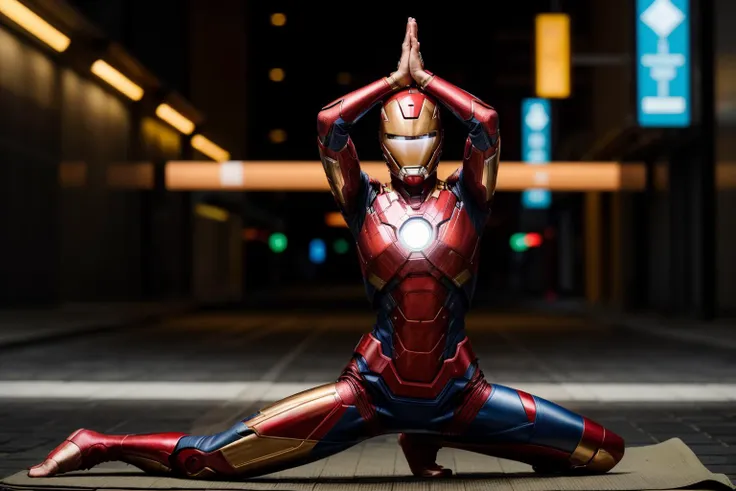 marvel movies,photo of a 25 year old girl,ironman,practicing yoga,happy,looking at viewer,ray tracing,detail shadow,shot on fuji...