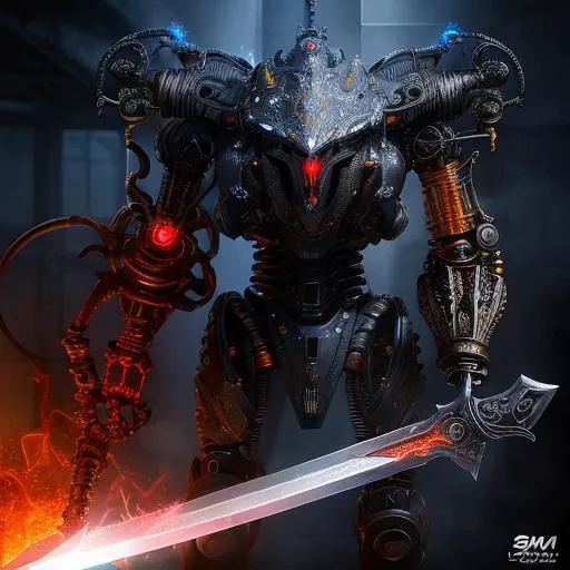 masterpiece,8k,armor,great sword on back,glowing red eye,bloom,god raylight,biomechanical,mshn robot,hyper realistic,steel,intricate design,insanely detailed,fine details,Extremely sharp lines,cinematic lighting,Photo realistic,a detailed masterpiece <lora...