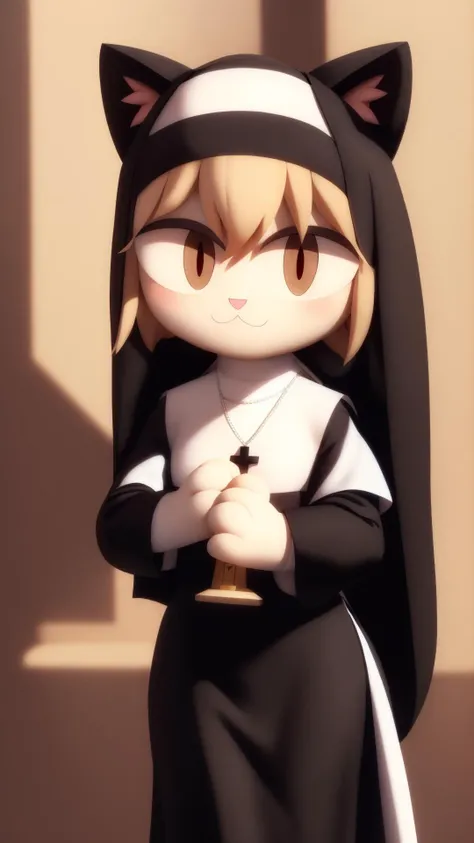 a close up of a cat nun holding a small bell